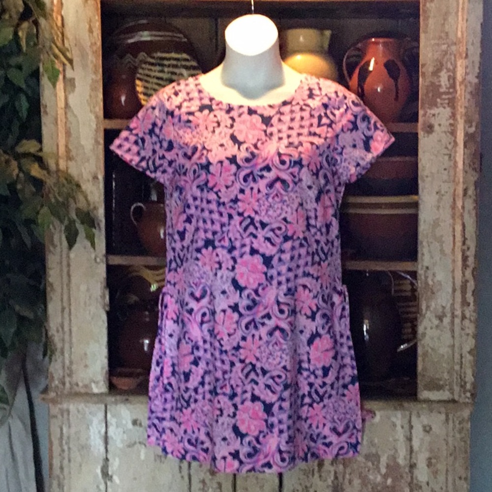 Lilly Pulitzer Pink and Navy Floral Short-Sleeve Shift Romper